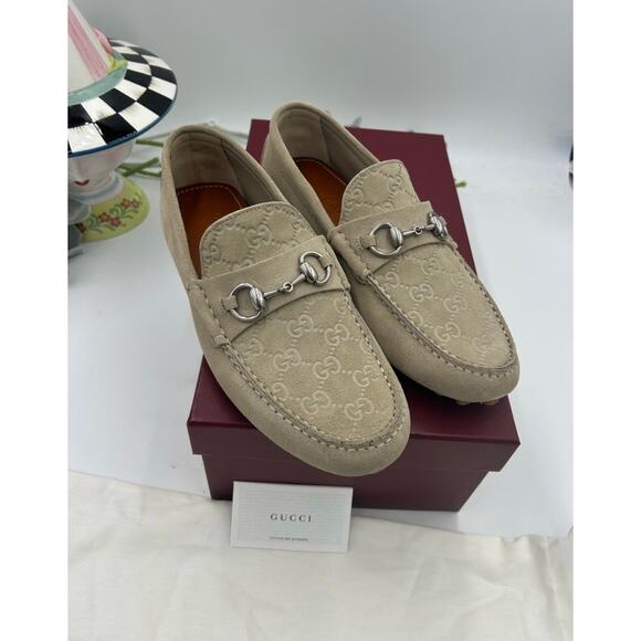 Men\'s Gucci suede oatmeal GG embossed driver loafers size 8 fits 8.5 US main image 7